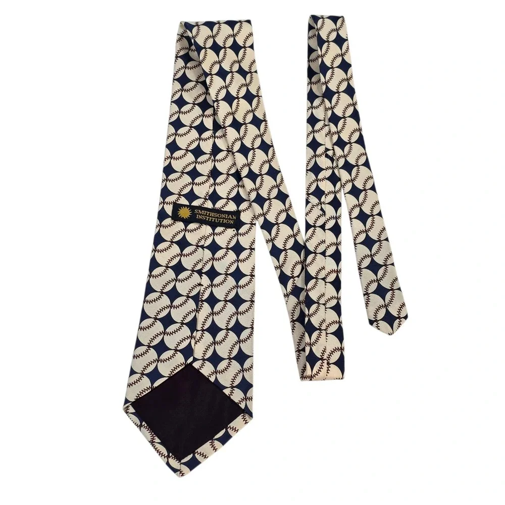 Smithsonian Institution Baseball Pattern Silk Tie Made in‎ USA Blue Cream Sports